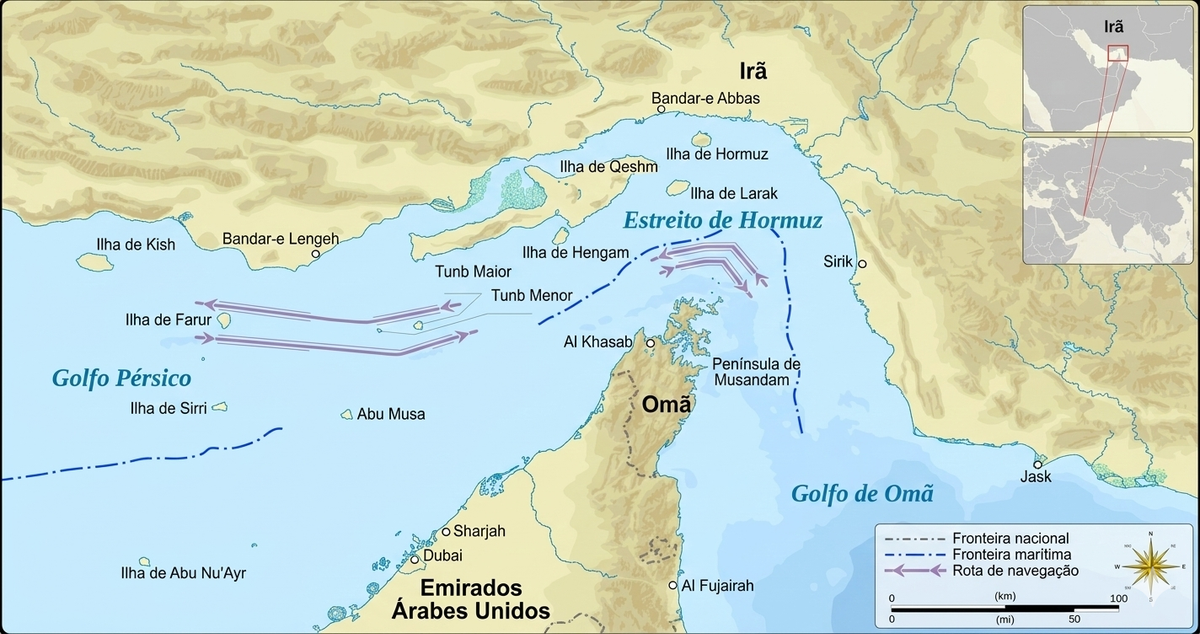 Mapa técnico do Estreito de Ormuz (33km) ligando Golfo Pérsico ao Mar de Omã. Irã ao norte, Omã ao sul. Visual de rotas de navios-tanque atravessando o estreito.